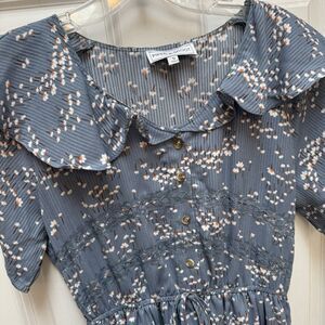 Piper and Scoot Blue Collared Floral Dress Size Small Cinched Waist Ruffles Boho